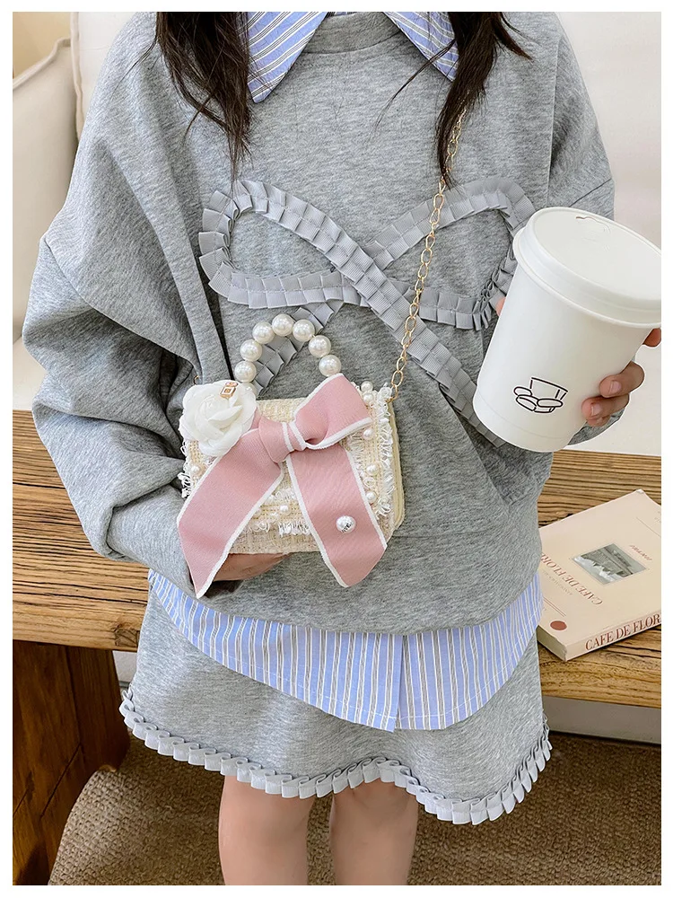 Cartoon Rabbit Children's Small Square Crossbody Bags Sweet Bow Baby Girls Pearl Handle Shoulder Bags Lovely Princess Handbags