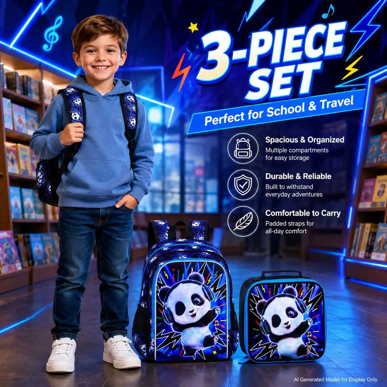 3Pcs 16 Inch UV‑Print Headset Panda Backpack Set Cute Cartoon School Travel Bag For Boys Girls Kids