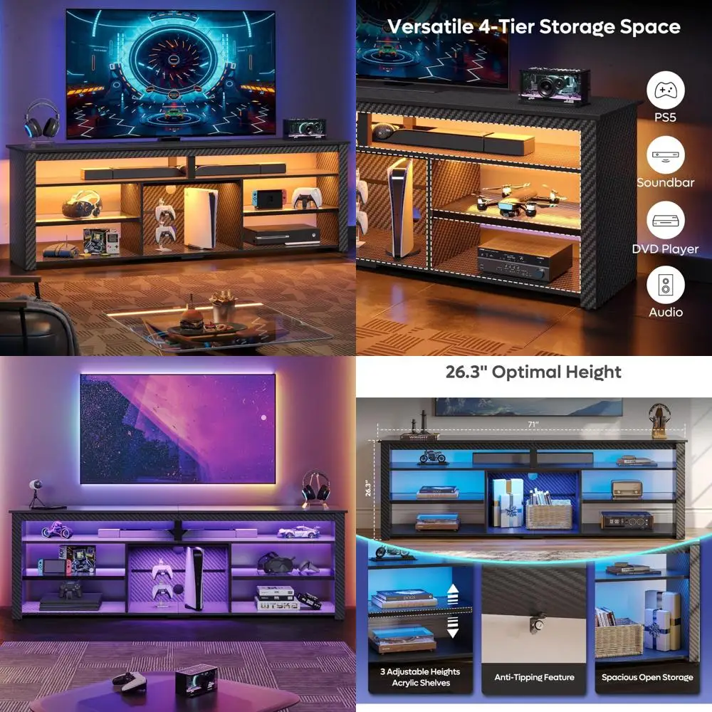 مركز ترفيهي حديث لـ 75 تلفزيونًا LED، وحدة تخزين للألعاب، وخزانة تلفزيون مع مساحة لجهاز PS5