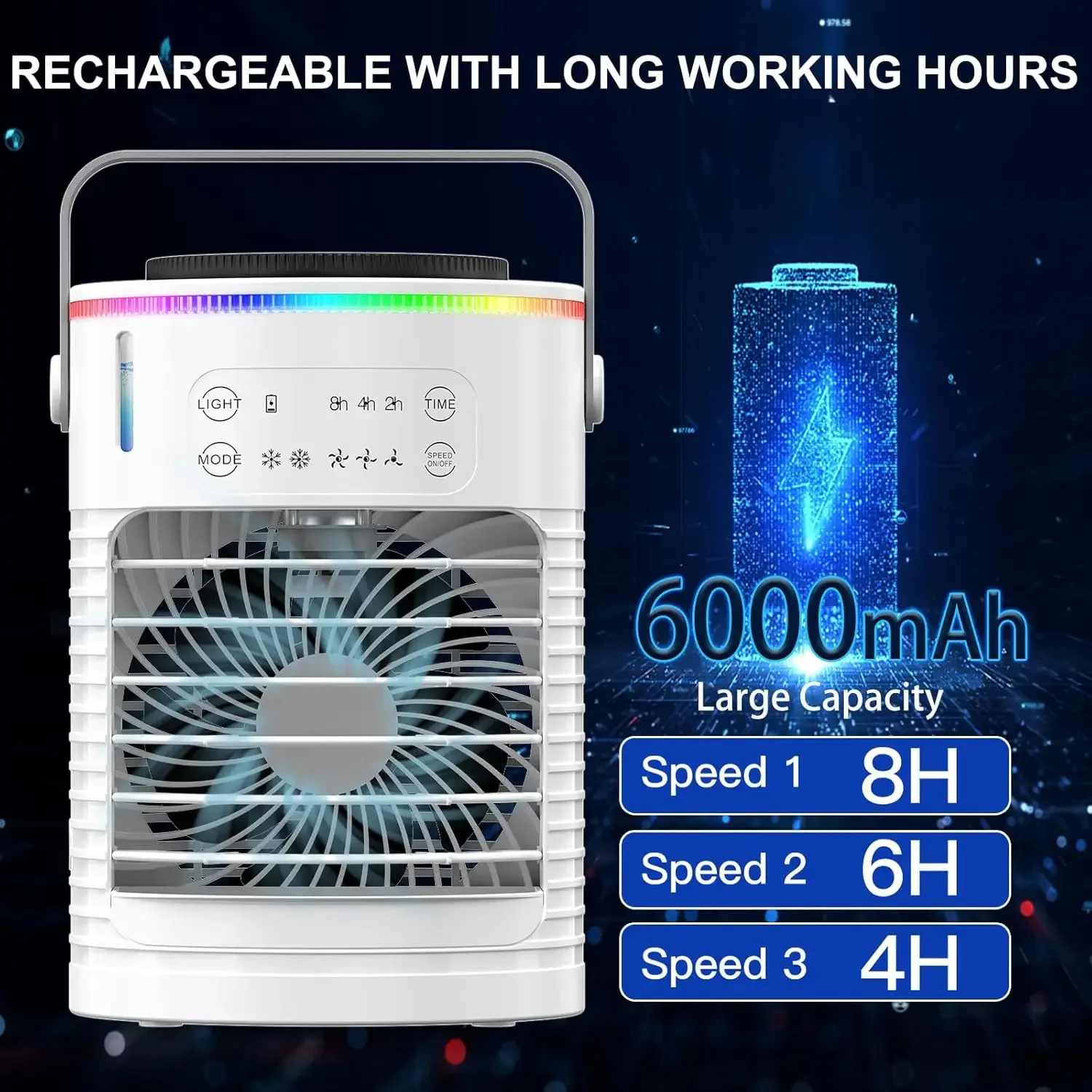 냉각력: 휴대용 충전식 에어컨 선풍기, 조용한 작동, 오래 지속되는 6000mAh 배터리, 3 단계 속도 설정, Perso