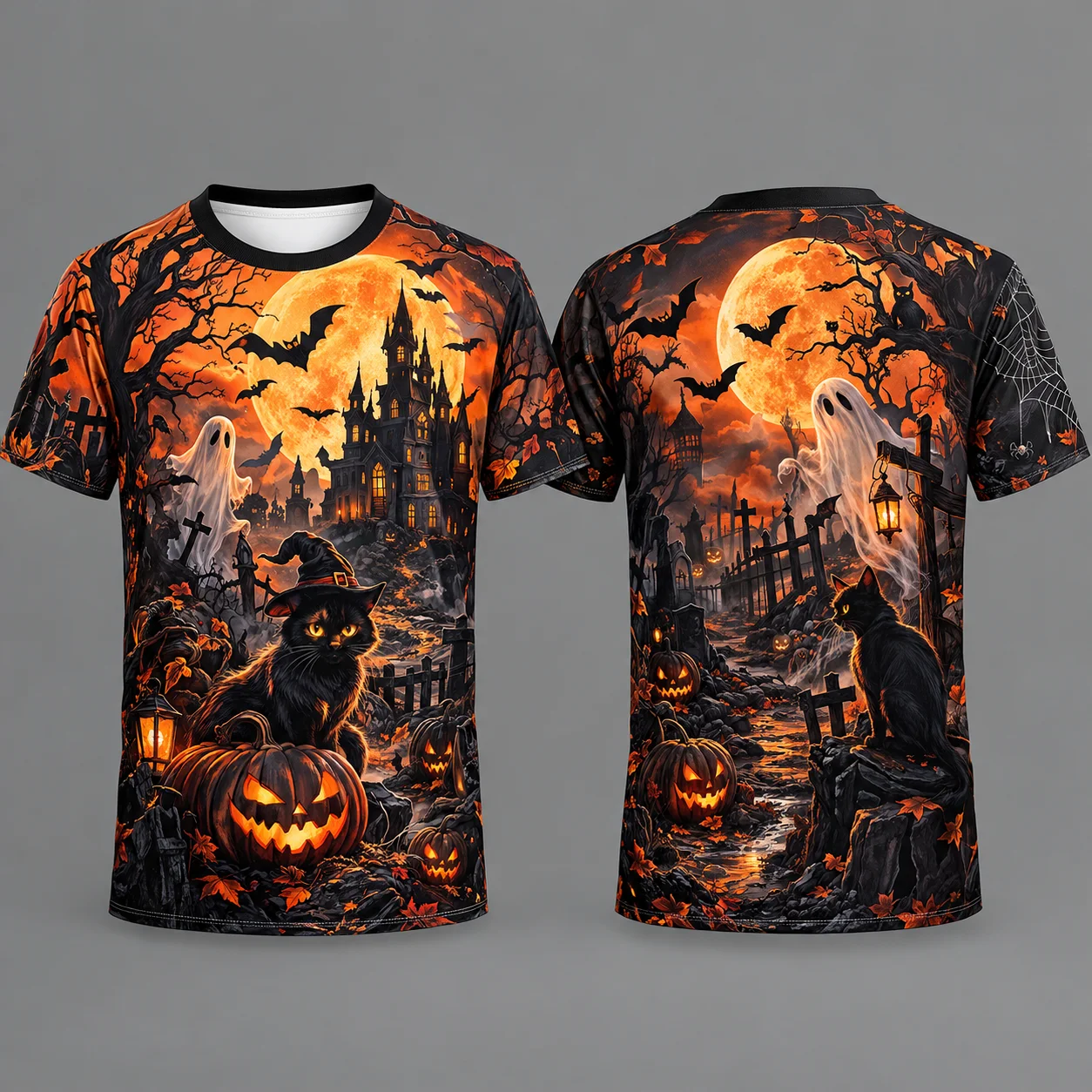 Halloween 3D All Over Print T-Shirt, Spooky Castle Ghost Pumpkin Black Cat Graphic Tee Unisex Oversized Short Sleeve Streetwear
