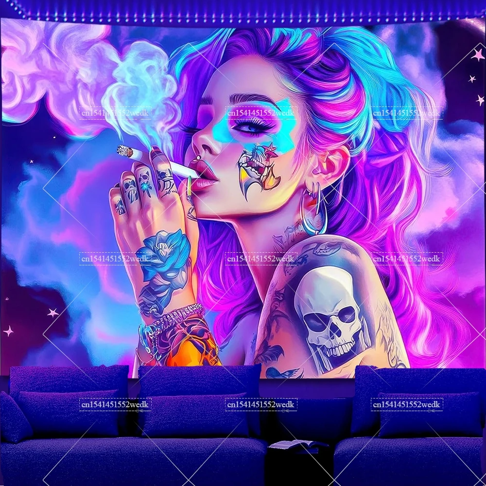 Smoking Girl Blacklight Tapestry UV Reactive Anime Girls Fluorescent Tapestrys Room Decor Aesthetic Glow Party Neon Tapestries