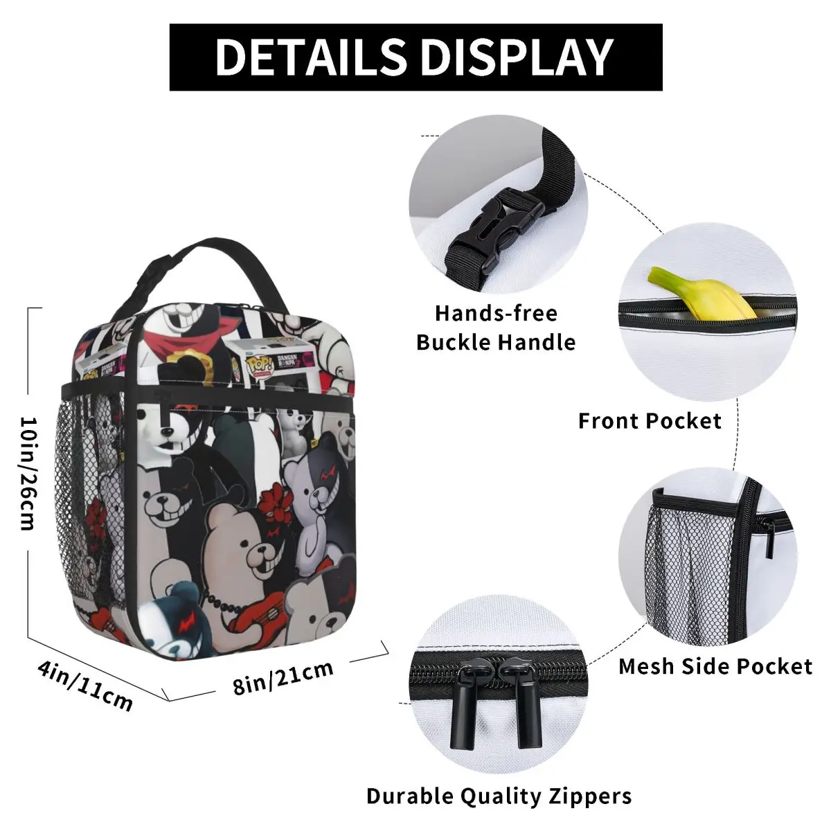 Japan Anime Danganronpa Monokuma Insulated Lunch Bag for Women Office Cooler Thermal Food Box Tote Lunch Boxes Container