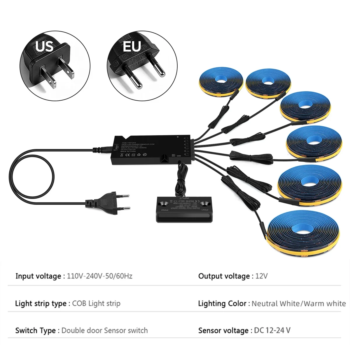12V Black PCB COB Light Strip with Dual Door Sensor Switch Can Be Cut, For Multi-layer Wine Case, Wardrobes, Door Open Light-ON