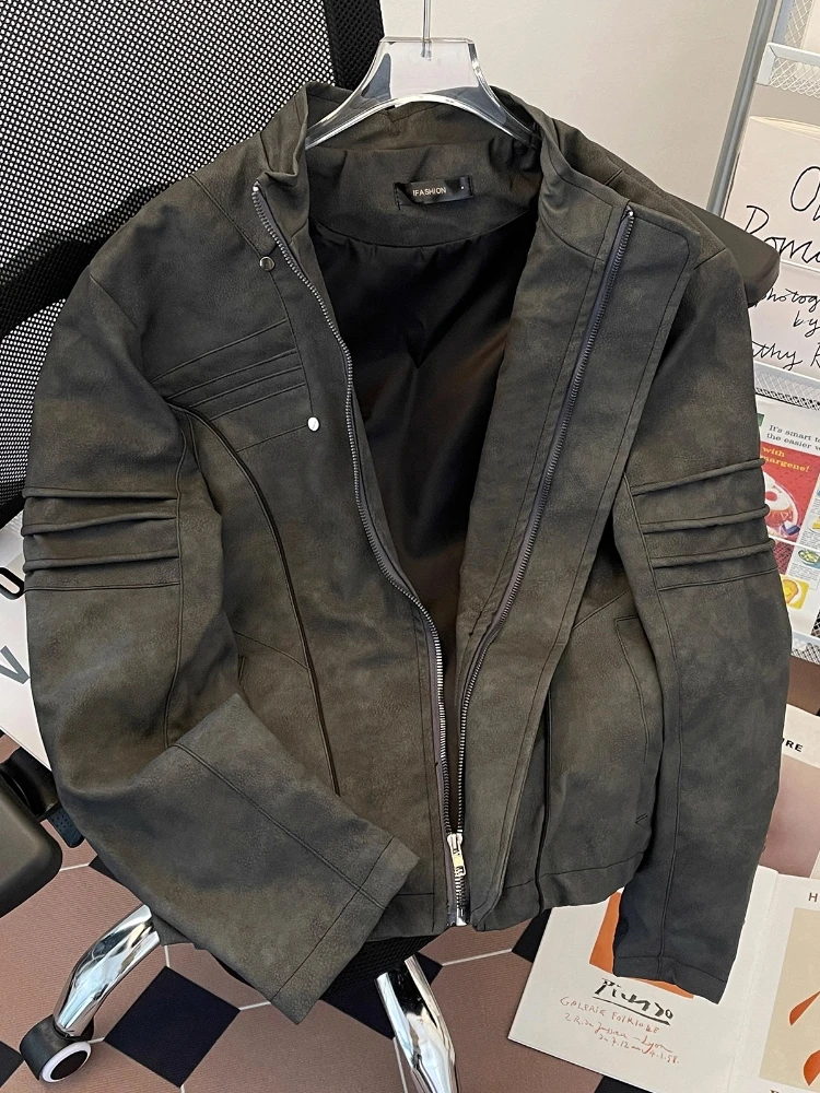 Spring Fall Tie-Dye Leather Jacket Men Vintage Biker High Street Multi-Zipper Utility Jacket Retro Stand Collar Jacket Outerwear