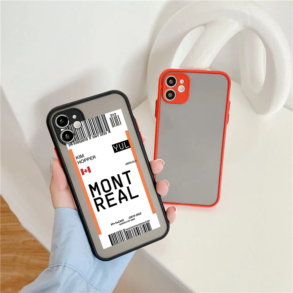 Cases For iPhone 16 15 14 7 8 Plus 13 12 11 Pro Max XS X XR SE PARIS MONTREAL Travel Ticket Label Frosted Translucent Phone Case