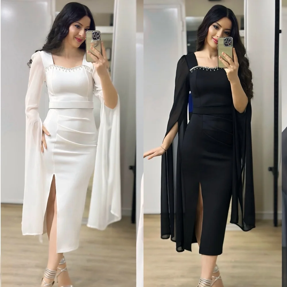 

Customized Fashion Jersey Rhinestone Straight Square Neck Midi Dresses Bespoke Occasion Dresses Sizes Available High Quality