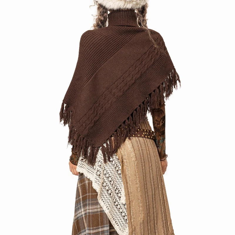 Americano retro design café cor irregular borla malhas femininas outono inverno nova gola alta quente menina capa xale senhoras