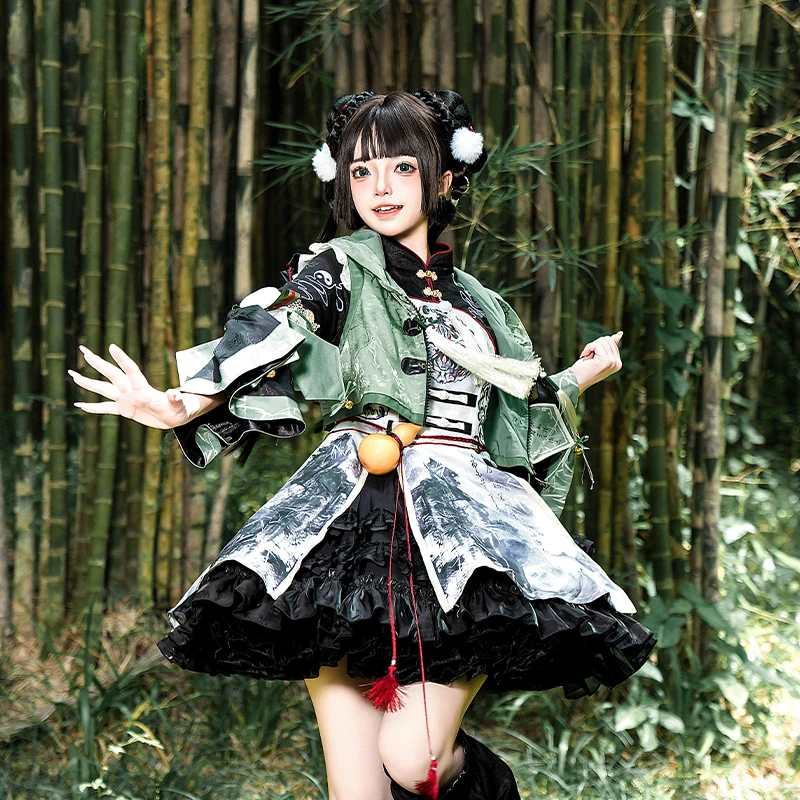 여성 중국풍 로리 로 코스프레 드레스, 달콤하고 귀여운 학생 로리타 의상 (봄/여름용 조끼 및 레그 커버 포함)