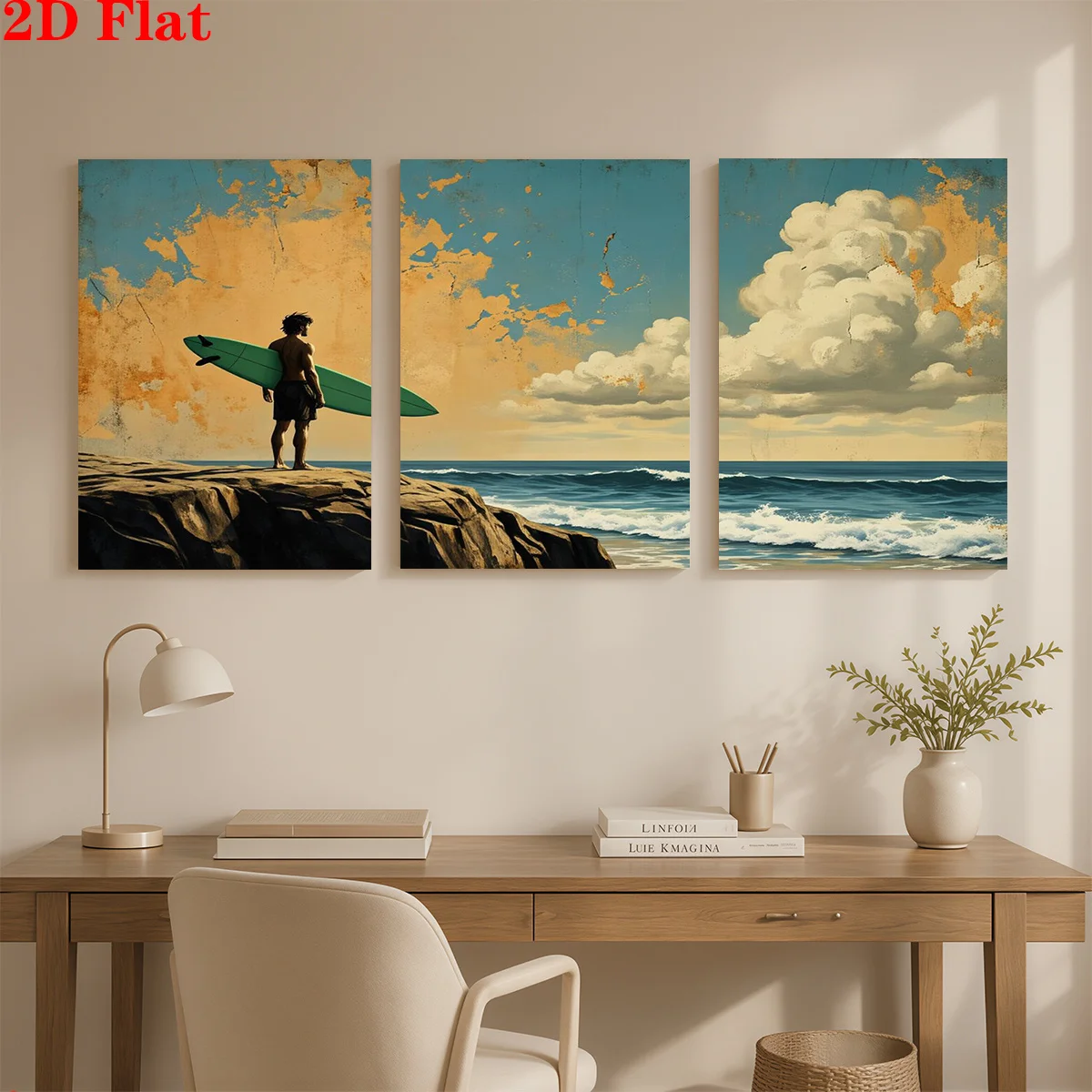 Frameless canvas 2D 3pcs Canvas Art Wall Hanging- A man with surfboard on cliff. Suitable for Decorating Offices, Dining Room