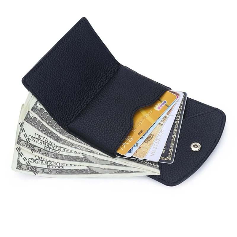 Women's Leather Small Snap Wallet Minimalist Womens Billfold Purses Three Fold Leather Cards Organizer Front Pocket Wallets