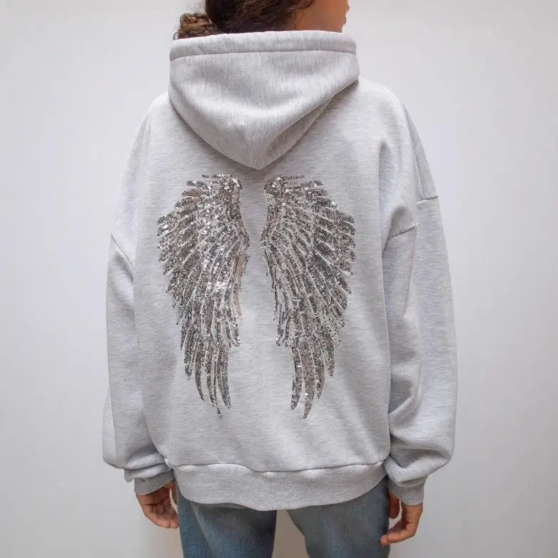 Fashionable Pure Color Wing Bead Embroidery Casual Set Women's Autumn Winter Three-piece Suit Long Sleeve Sweatshirt European...