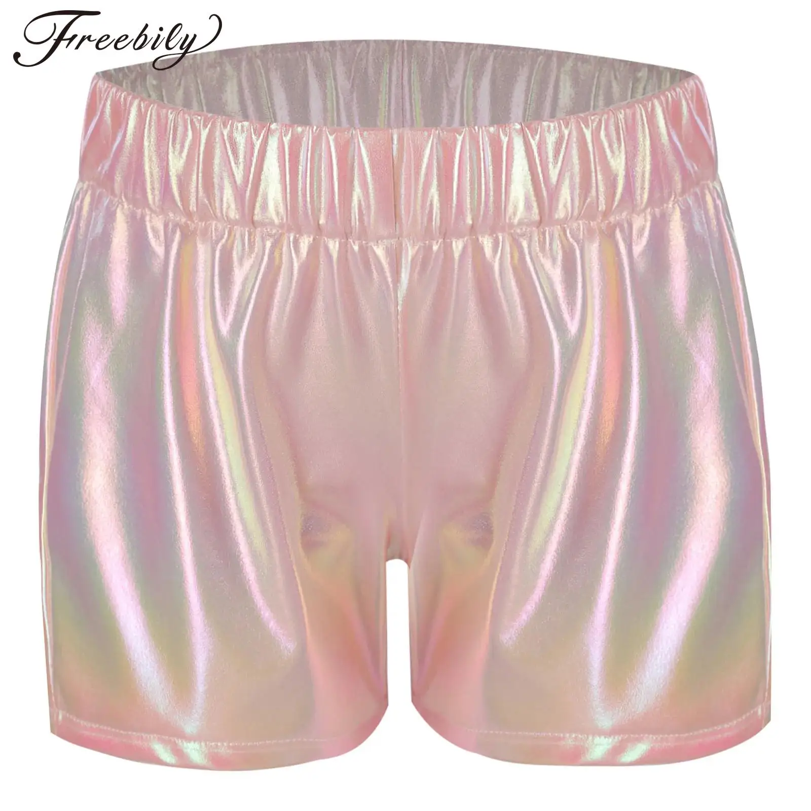 Shorts metálicos feminino com cós elástico, calças curtas brilhantes, streetwear infantil, traje de dança jazz, moda