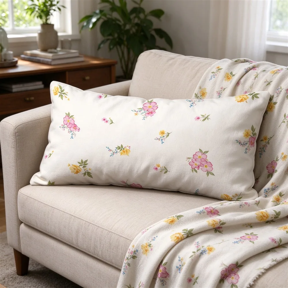 White Pink Sweet Ditsy Print Long Pillow Cover, Charming Style, Family Room Decorative, Polyester, Room Decor, Convenient