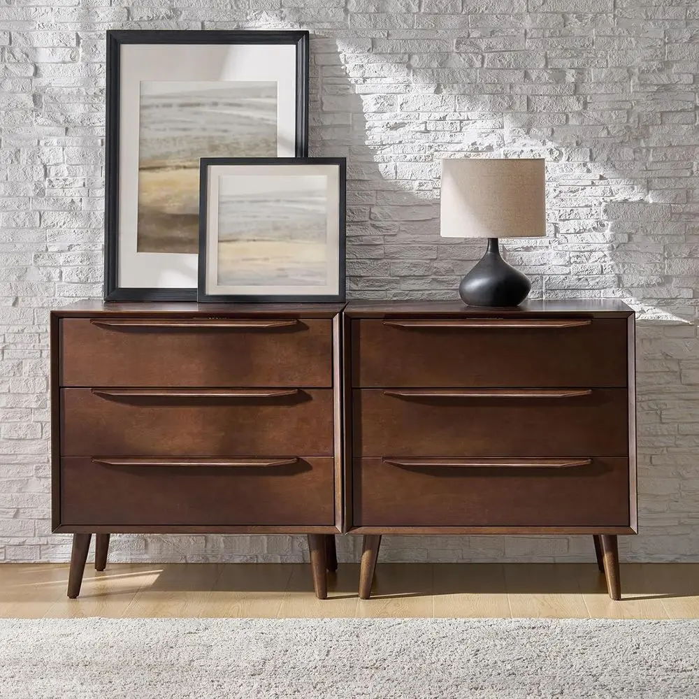 

Walnut 3-Drawer Nightstand Set with Charging Station for 2