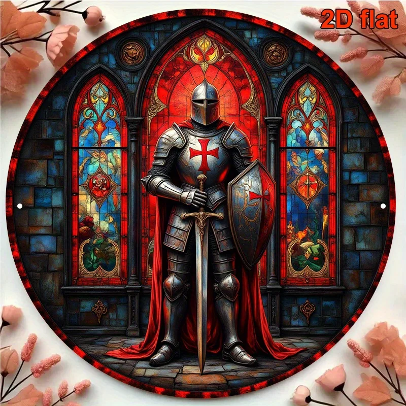 Hochauflösendes Metall-Blechschild Tempelritter im Buntglas-Stil Wandkunst Dekoration