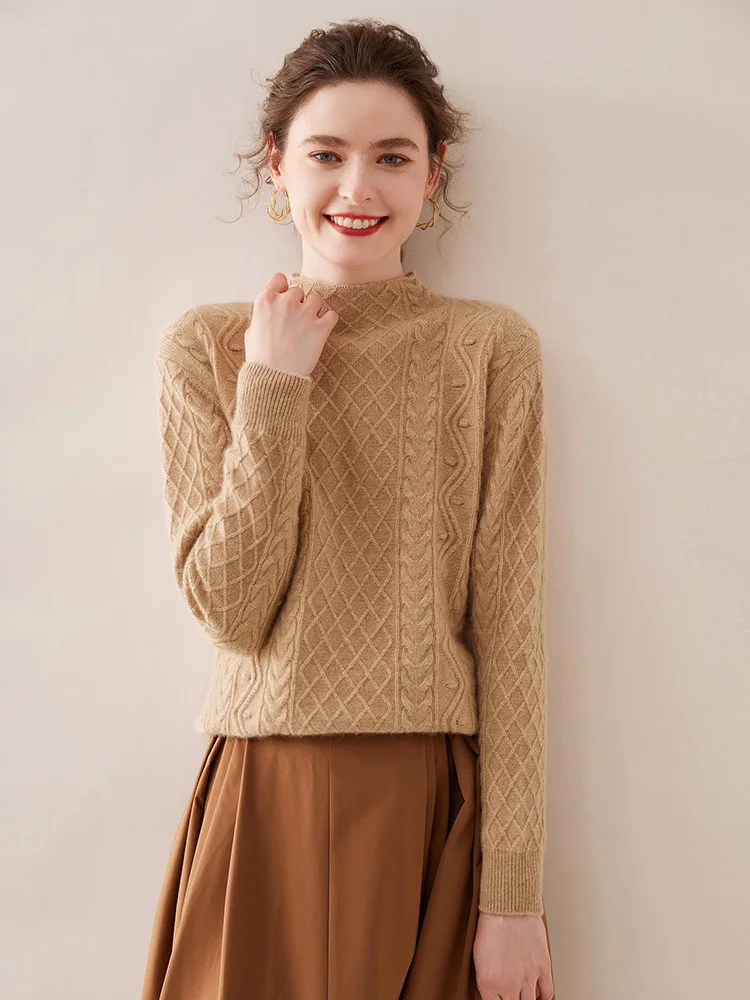 Aliselect  Fashion Thick Autumn Winter 100% Cashmere Sweater Women Pullover Mock Neck Sweater Warm Knitted Twisted Tops Clothing