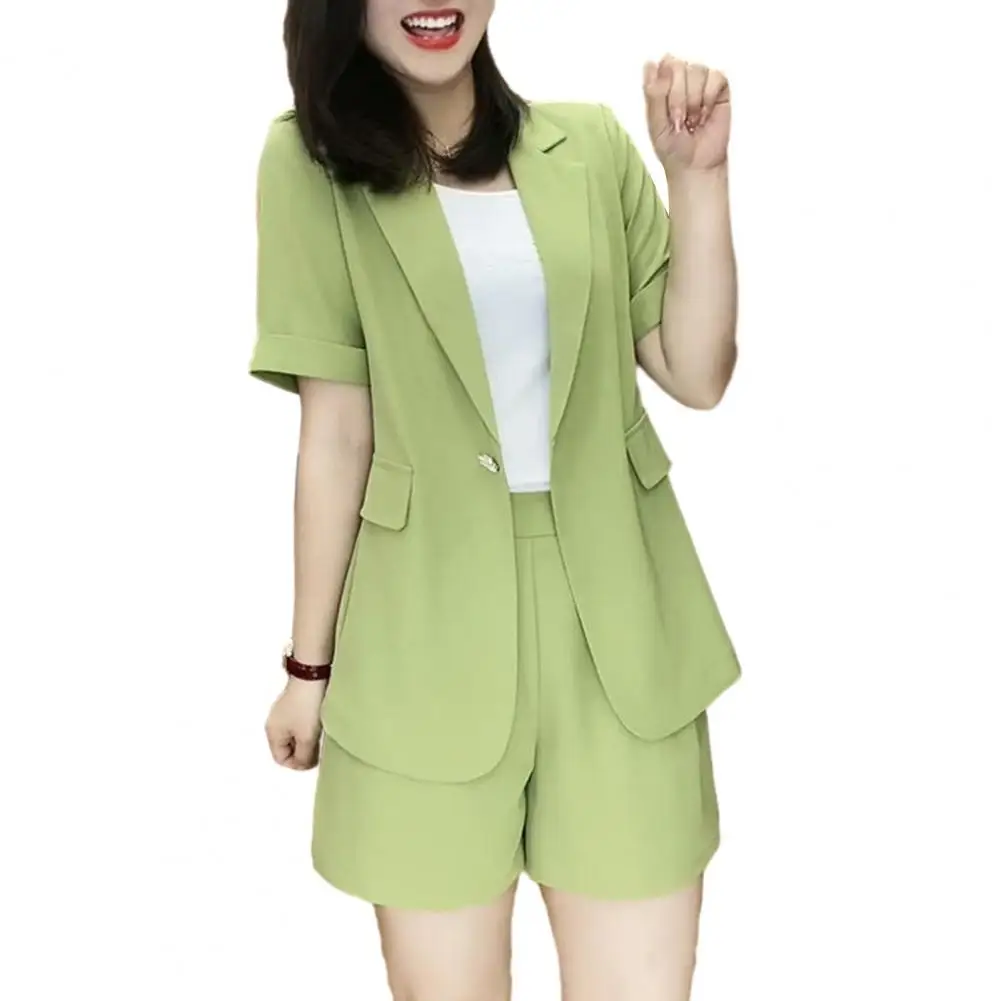 Stylish Solid Color Ensemble Stylish Women's Blazer Shorts Set for Office Work Wear Short Sleeve Open Front Jacket with One