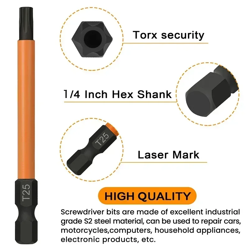 5Pcs T20 T25 Torx Screwdriver Bits 1/4 Inch Hex Shank Magnetic Security Torx Bit 75mm Star Torx Head Drill Bit