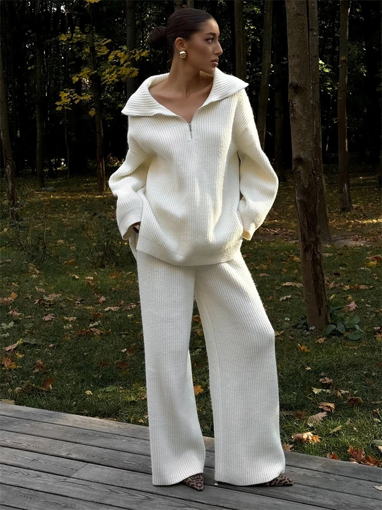 

Nsauye Casual Women's Pant Set Sweater Knitted Loose Solid Pullover Tops Wide Leg Pants Outfits 2025 Winter Trousers Suit New