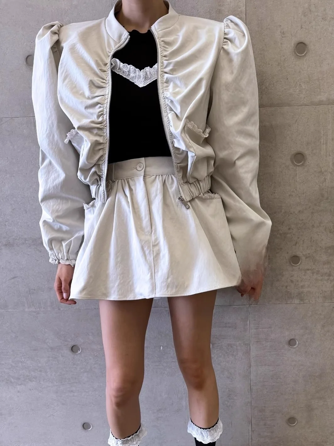 

Women's Fashion Short Sleeveless Jacket And High Waist Skirt Set Heavy Zipper Stand Collar Long Sleeve Outwear Two-Piece Set