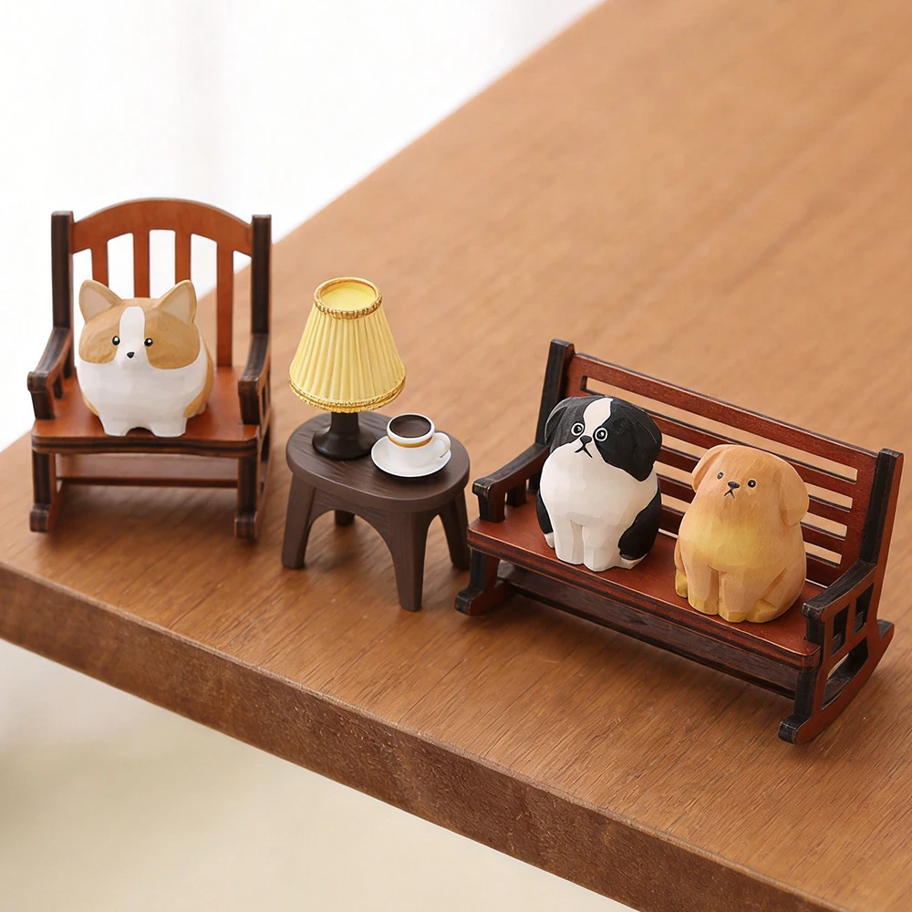 Miniature Wooden Furniture Set Retro Rocking Chair Park Bench Coffee Table Hand Carved Wood Ornament Micro Scene Home Desktop