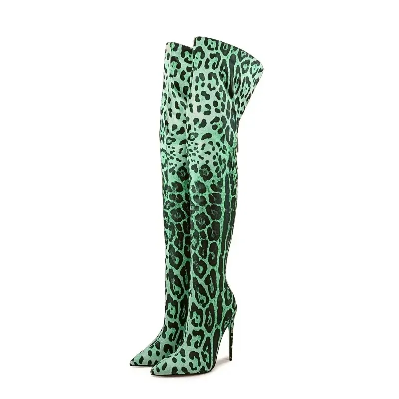 

European AndAmerican Sexy High-heeled Striped Striped Back Zipper Knee High Boots for Women with Pointed Temperament Party Shoes