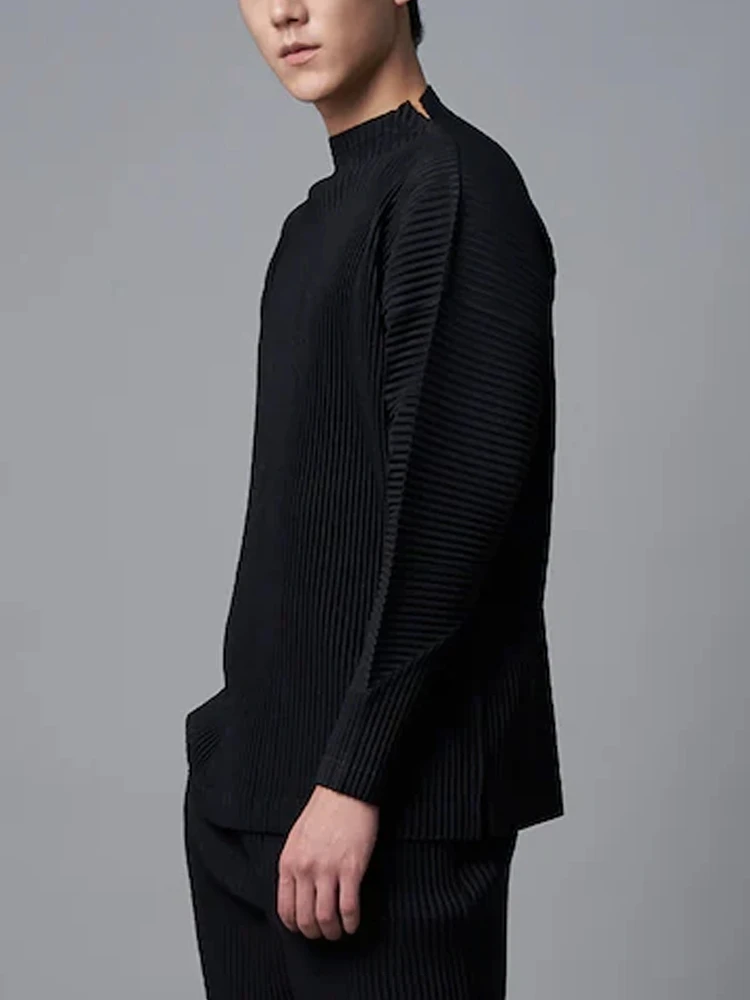 Miyake Men's Pleated T Shirts Mock Neck Long Sleeve Drop Shoulder Top