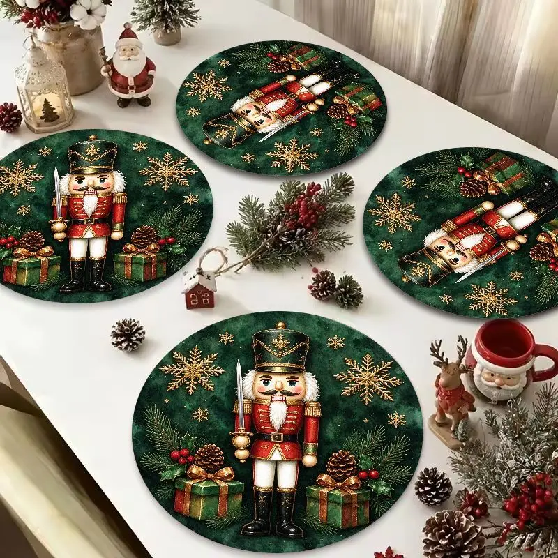 VIKAMA Nutcracker Soldier Green Round Placemat, 3 Designs, Table Mat for Kitchen Dining Party