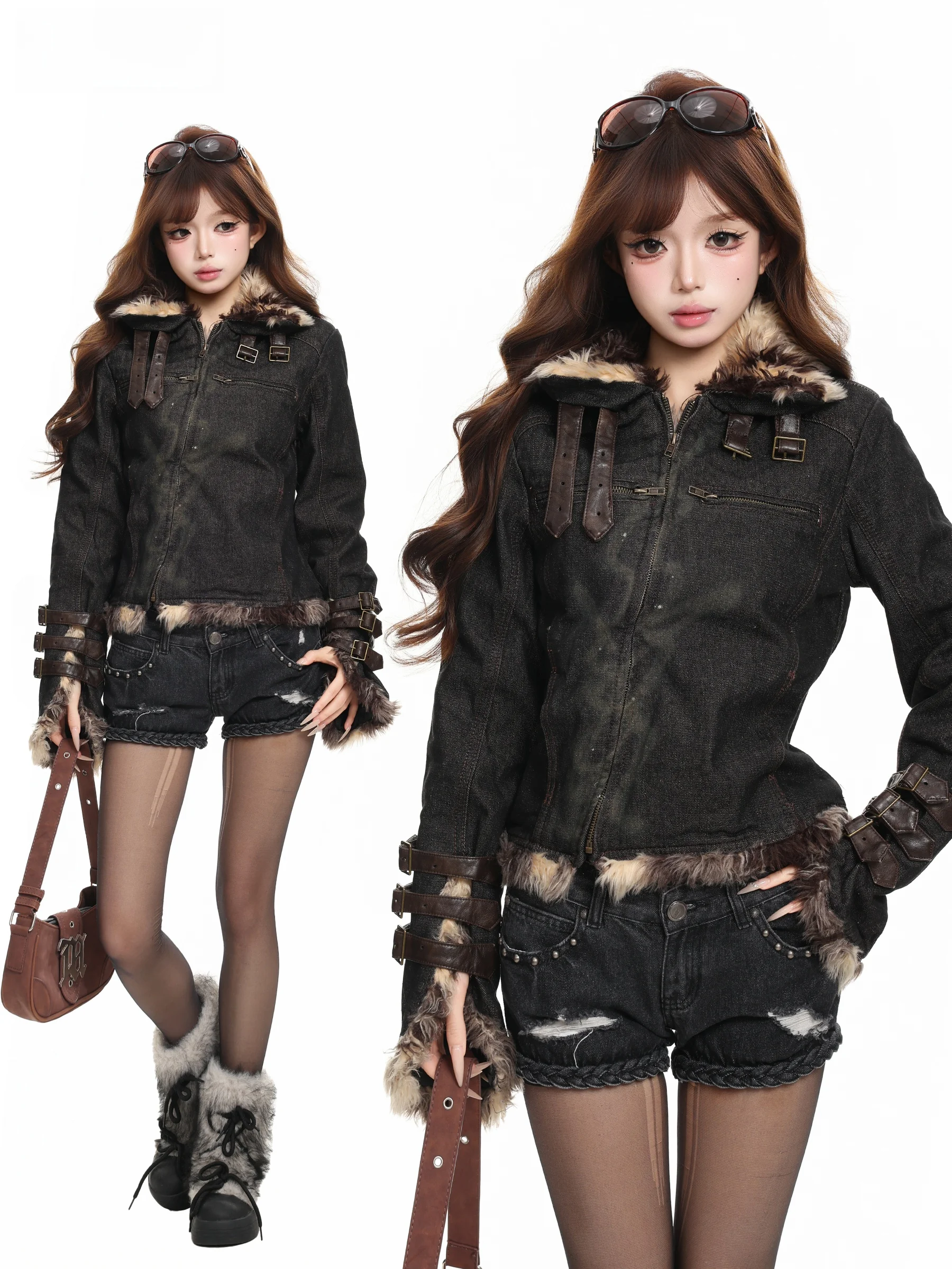 BASTERDS American Design Sense Faux Fur Collar Splicing Stand Collar Denim Jacket Autumn Winter New Style Warm Cotton Jacket