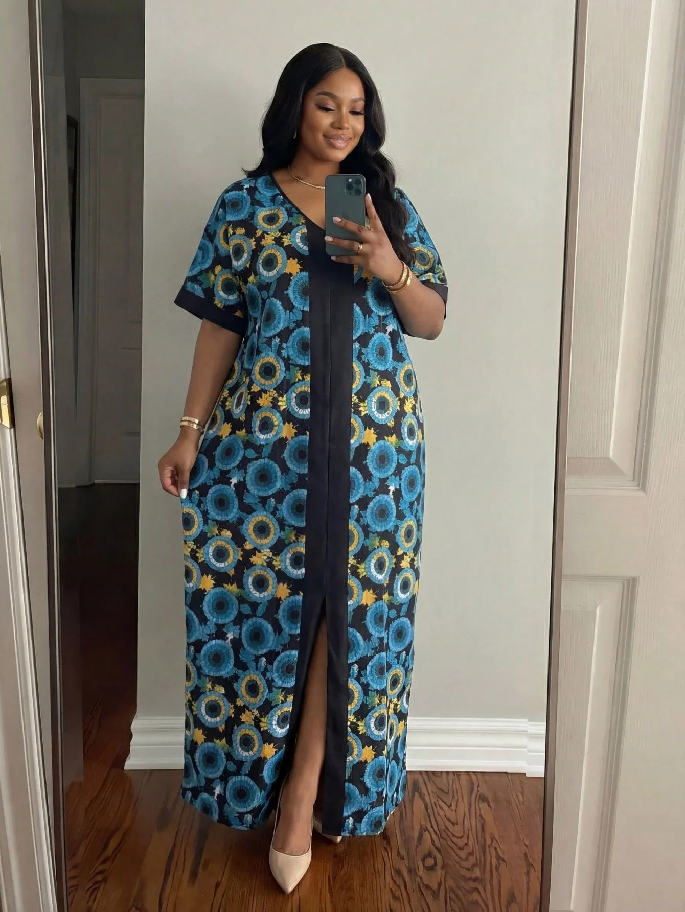 

Elegant Vacation Style Allover Print Contrast Color V-Neck Loose Maxi Dress Summer