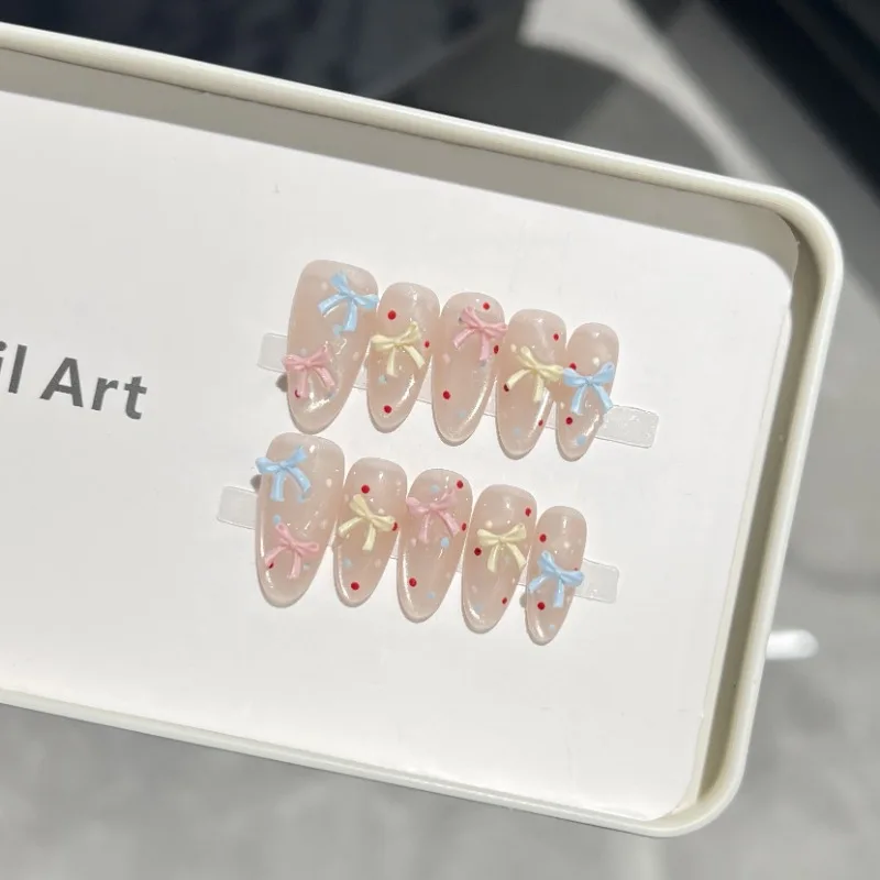 

10 Pieces Glazed Sweet Exquisite Handmade Press On Nails Colorful Bow Cat Eye Polka Dot Fake Nails Removable Reusable