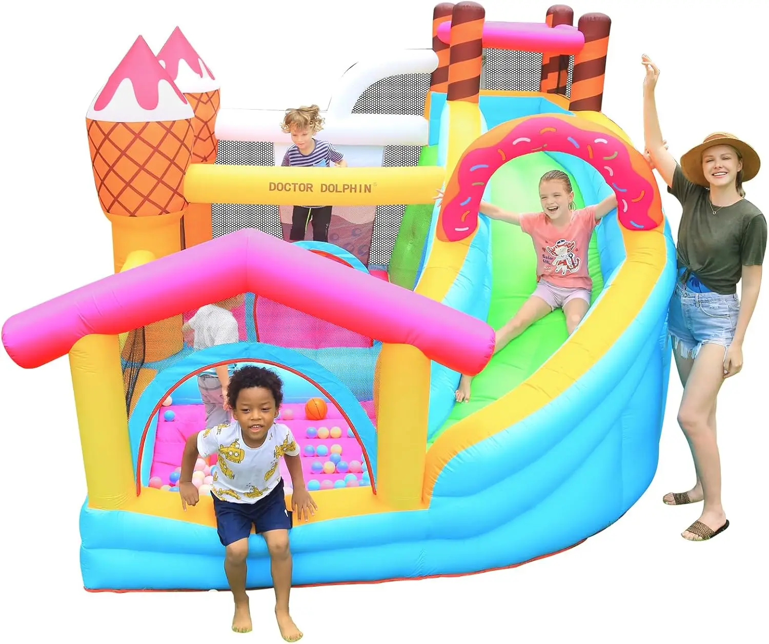 子供用インフレータブルバウンスハウス、アイスクリームドーナツデザートパーティー、送風機付き屋外遊び用、ロングスライドとボールプール付き