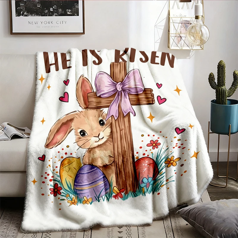 He Is Risen Easter Flannel Blanket, Christian Easter Bunny Cross Flannel Throw, 6 Resurrection Sunday Cozy Blanket