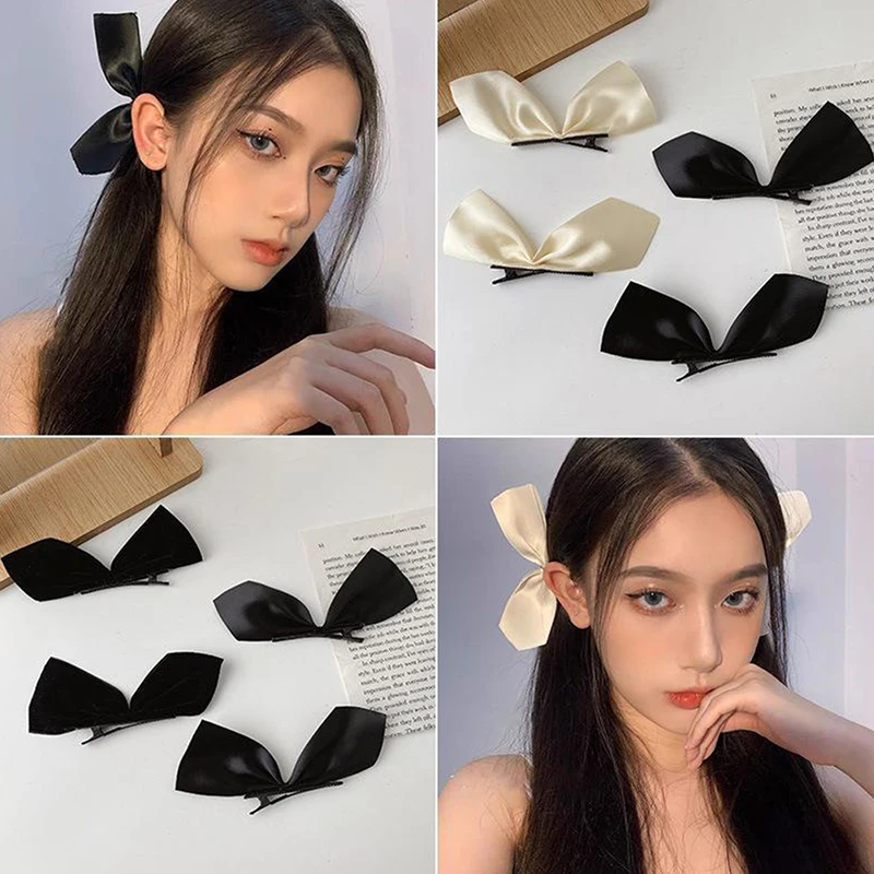 New 2pcs/Set Blackbow Hair Clips For Girls Kawaii Barrettes Cute Hair Accessoires Kids Colored Ribbon Woman Hairpins Hairgrip