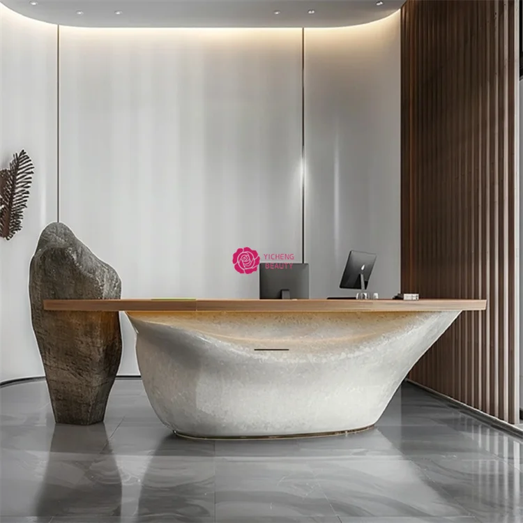Customized.Yicheng Beauty Wholesale Modern Company Lobby Club Special Shaped Reception Desk Artificial Stone Front Desk for Sale