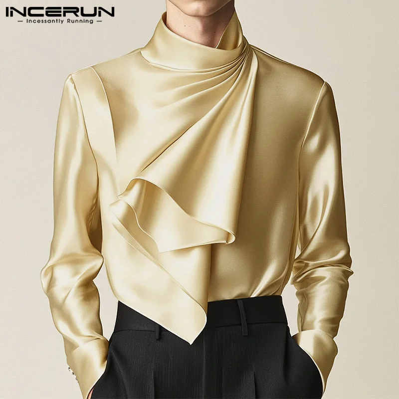 INCERUN Casual Clubwear Tops American Style Sexy New Men's Irregular Scarf Design T-shirt Male Solid Long Sleeved Camiseta S-5XL