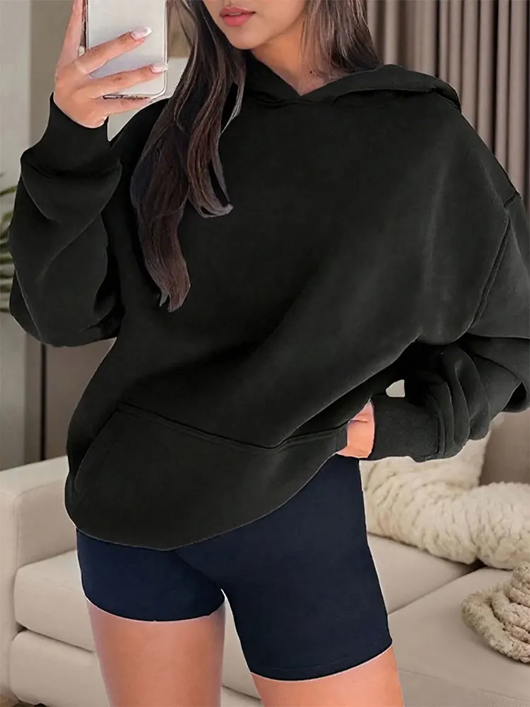 เสื้อฮู้ดผู้หญิงสีดำเซ็กซี่ แฟชั่นสตรีทแวร์ฤดูหนาว แขนยาว คอกลม มีกระเป๋า เสื้อลำลองอเนกประสงค์ สไตล์สปอร์ต