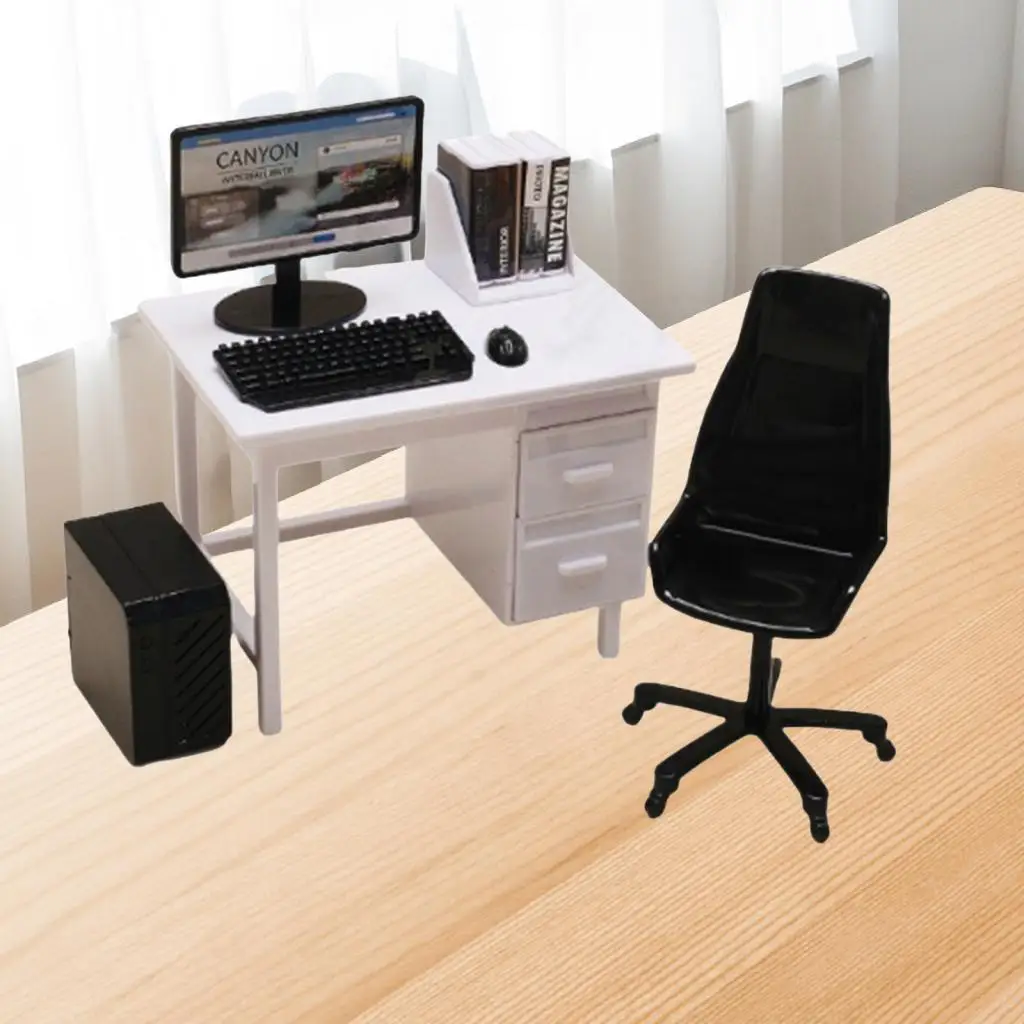 Miniature Computer Desk Chair Dollhouse Furniture Set PP Plastic Laptop Keyboard Mouse Office Decor Simulation Props for Tiny