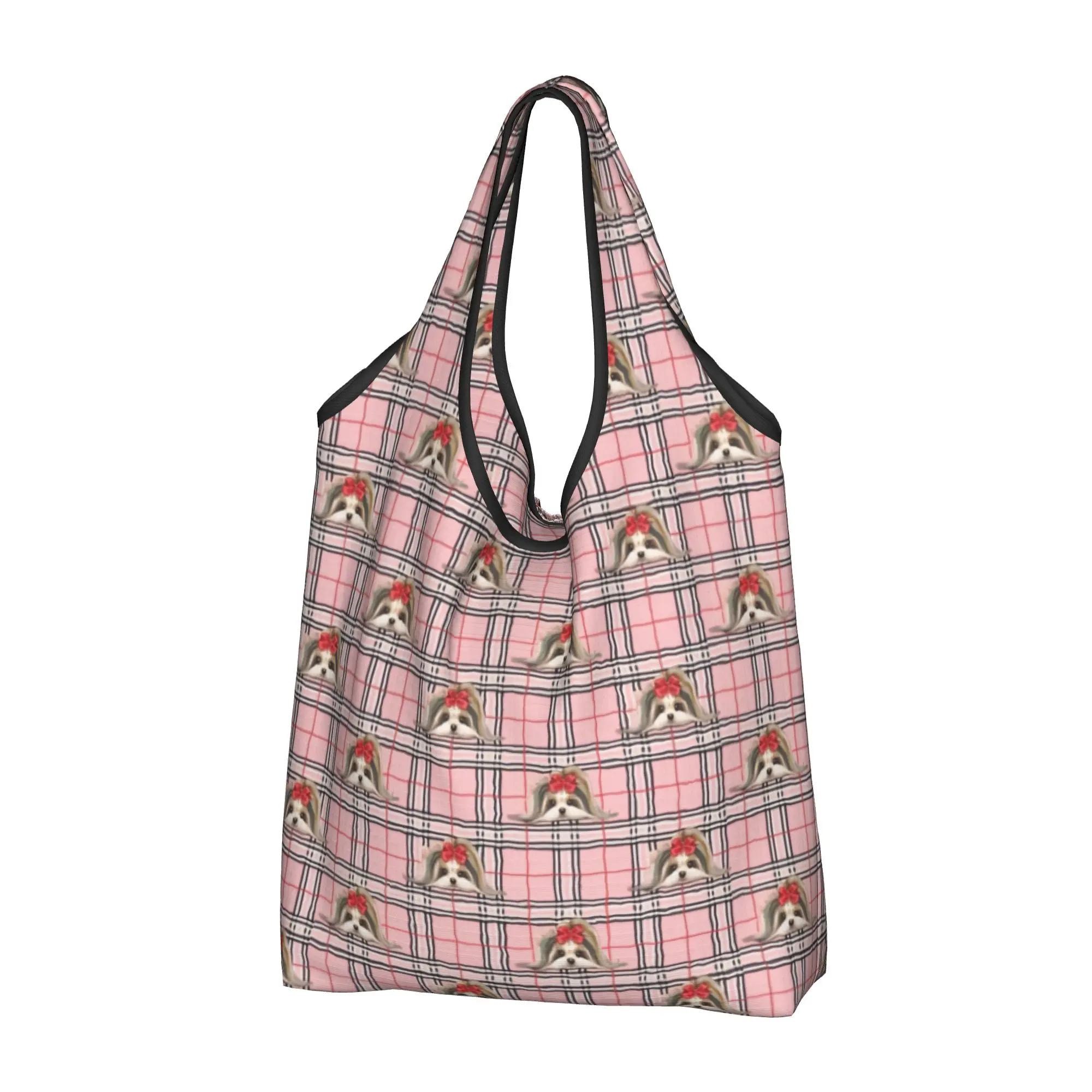 Recycling Yorke Dog Yorkshire Terrier Yorkie Plaid Pink  Shopping Bag Women Tote Bag Portable  Groceries Shopper Bags