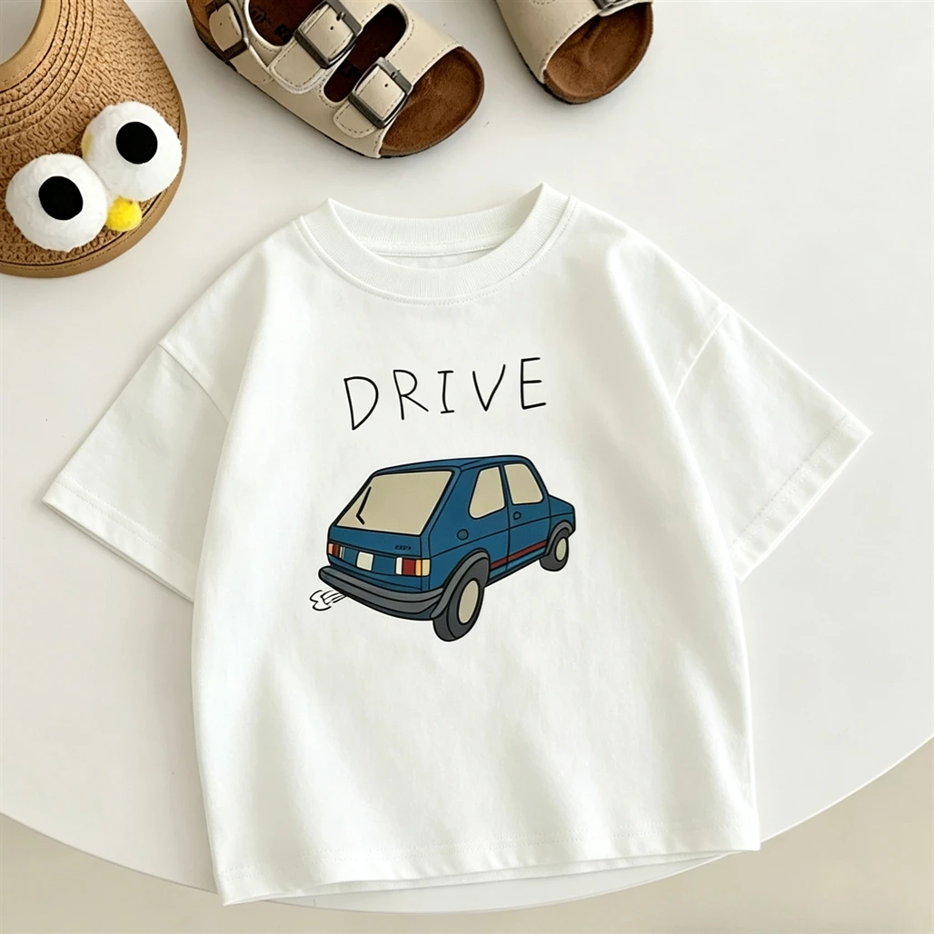 Summer Clothes Short-sleeved Tops Little Car Print T Shirt Boys And Girls Round Neck Bottoming Shirt Baby Simple Versatile Tees