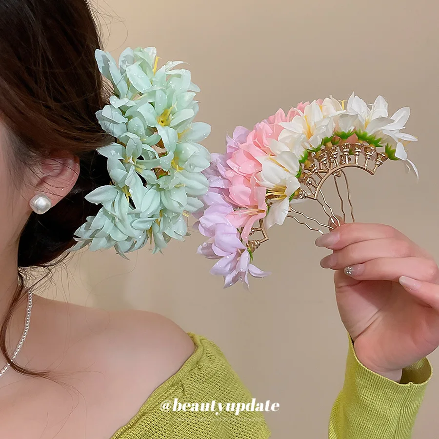 Sweet Elegant Pastoral Fabric Flower Hair Forks Spring Outing Photo Shoot Hair Accessories For Women In Pink Purple Yellow Green