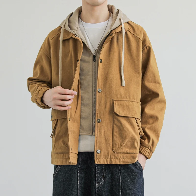 2025 Spring Autumn Men Casual Jackets Men Solid Loose Patchwork Coats Male Fake Two Pieces Hooded Jacket Man Bomber Jacket