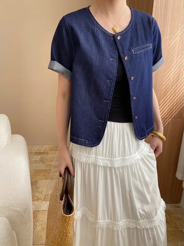 

plus Size 300 Pou Women's Casual round Ne ort Sve Denim irt Jaet Summer Versatile Loose Fit Commute Sle