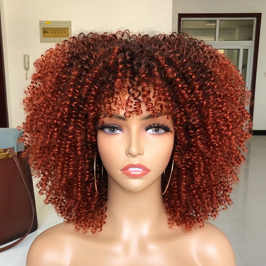 Pelucas rizadas Afro para mujer, peluca rizada Afro sintética con flequillo, pelucas de Cosplay de sistema pancromático de 14 pulgadas