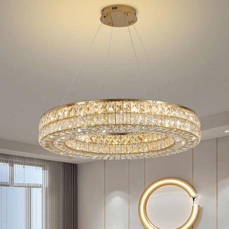 Lampadario di cristallo a soffitto rotondo dorato di lusso moderno leggero soggiorno lampadario a LED luminoso con luce ad anello creativo per