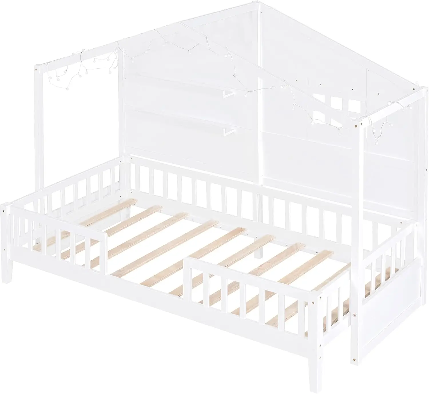 Softsea Twin Size Low Loft Bed With Shelves, Wood Low House Loft Bed With Window And Sparkling Light Stripe On The Roof, House