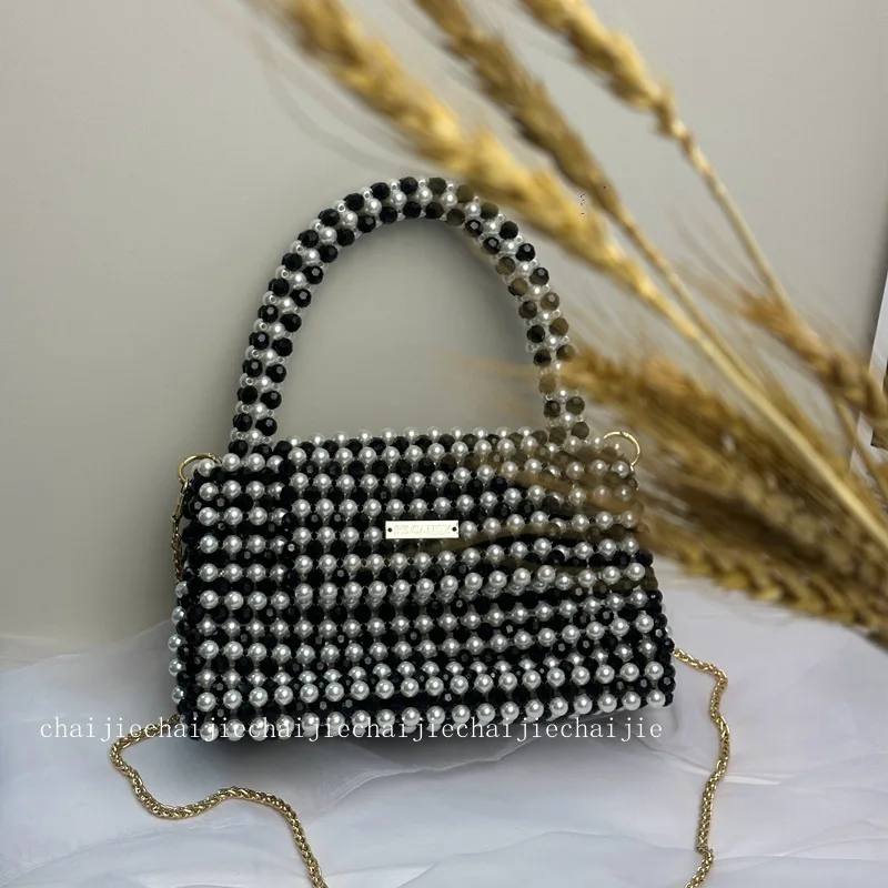 

Crossbody Black White Striped Design Large Capacity Handmade Bead Handbag Fashion Versatile Woven Shoulder Chain Women's Bag