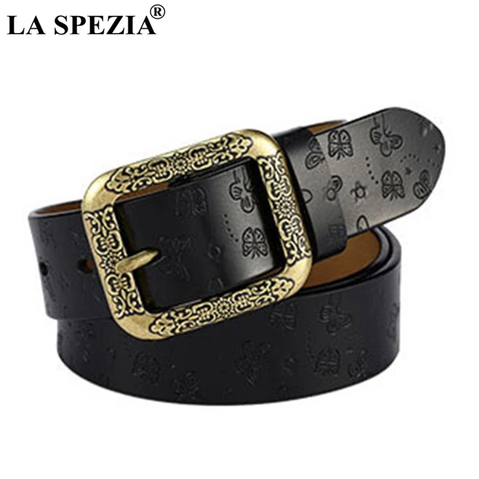 LA SPEZIA Genuine Leather Women Belt Red Square Pin Buckle Trousers Waist Belt Female Vintage Brand Cowskin Embossed Belt