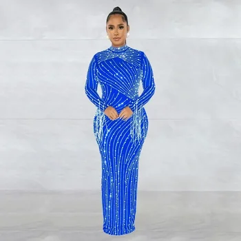 2025 New Women Mesh Tassel Long Sleeve Diamonds Hot Rhinestones Bodycon Midi Maxi Long Dress and Tank Inner Dresses 2piece Suit 3